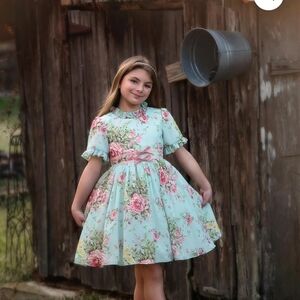Elegant Floral Kids Dress in Mint and Pink